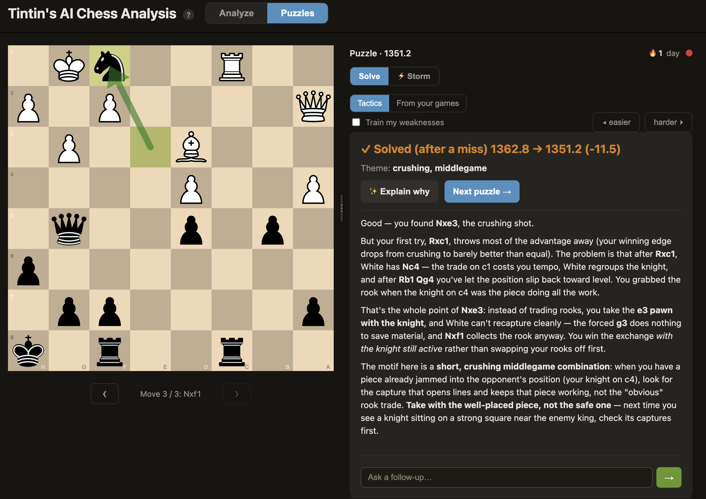 Puzzle mode: a tactics position with the Solve / Storm switch, a Tactics / From your games source toggle, a 'train my weaknesses' filter, easier/harder controls, a daily-streak flame, and the AI coach explaining why each tempting capture fails.